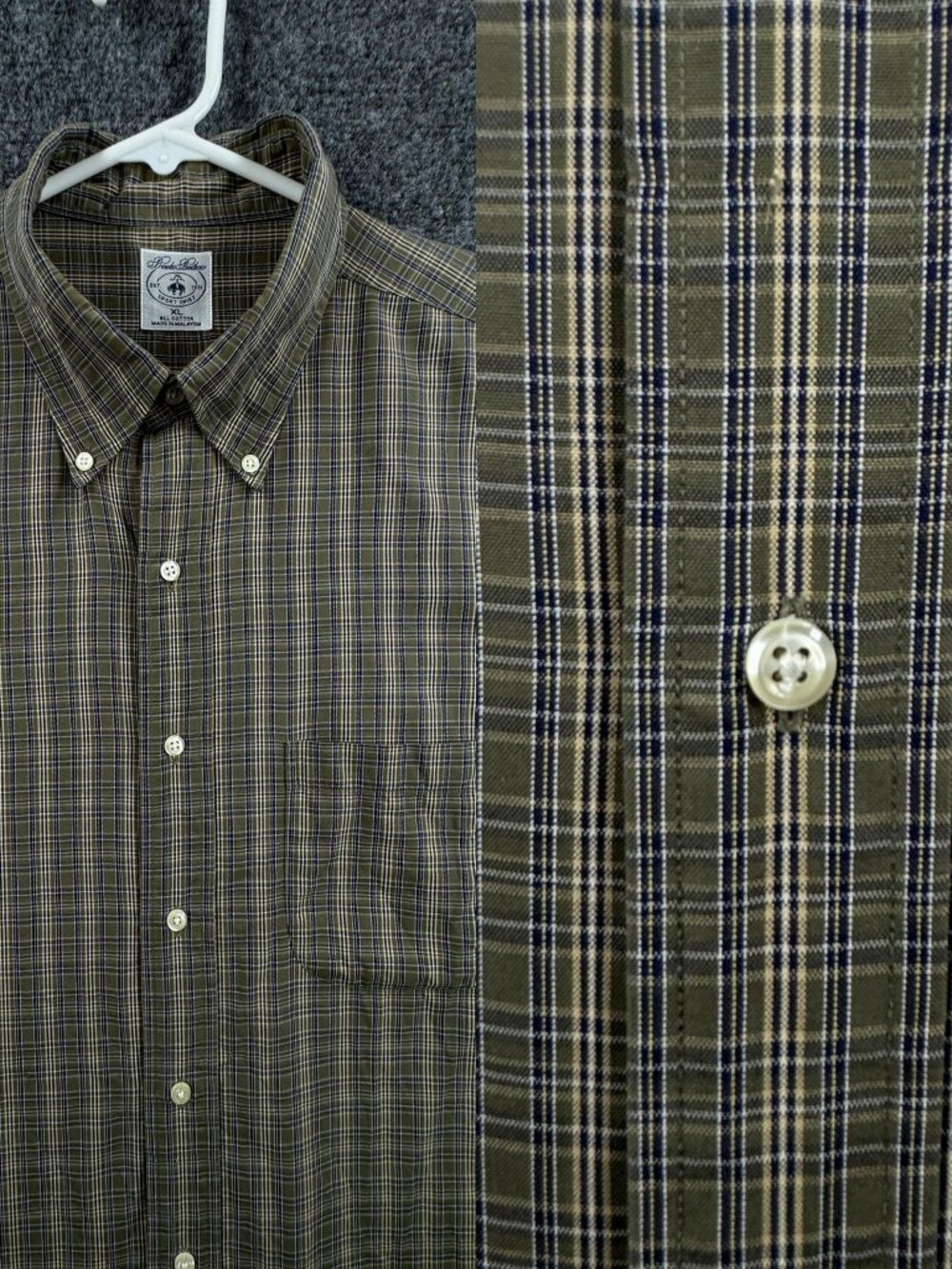 Brooks Brothers Button-Down Plaid Green Blue Men XL Cotton Business Shirt Pocket